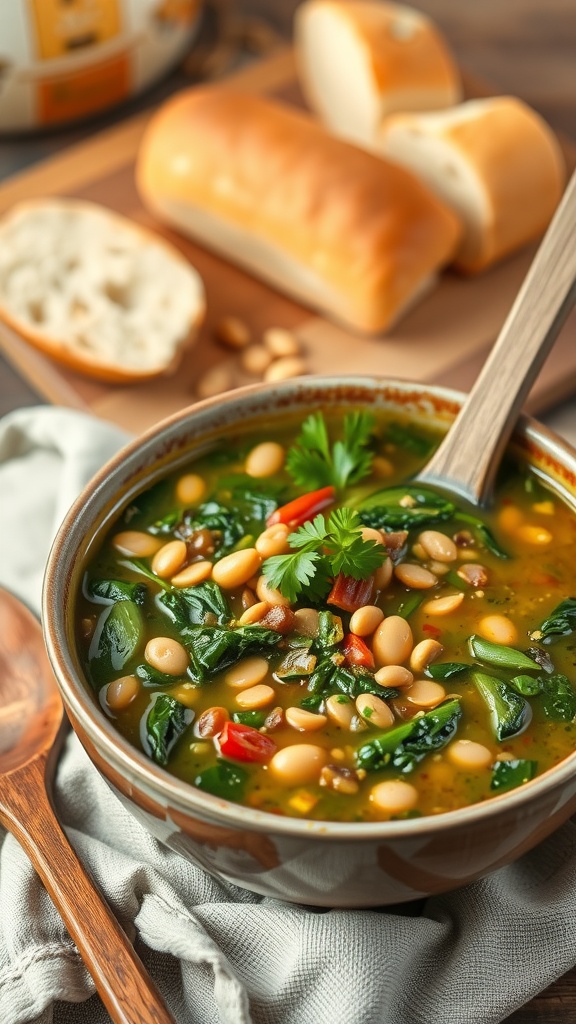 A hearty bowl of spinach, lentil, and butter bean soup garnished with parsley, beside a loaf of crusty bread in a cozy kitchen.